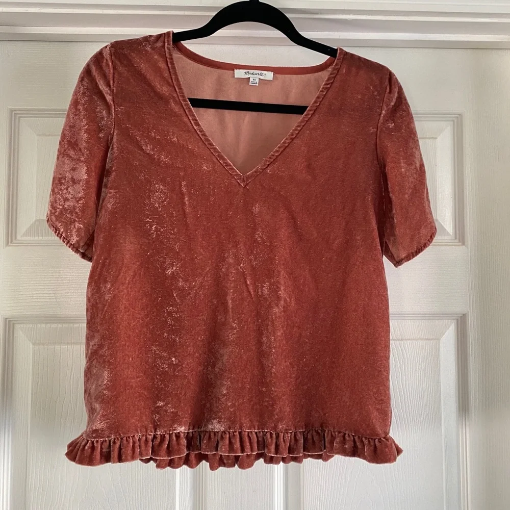 Madewell Women’s Velvet Tulip Flutter Short Sleeve Burnt Orange Ruffle Top Sz XS - Picture 5 of 7